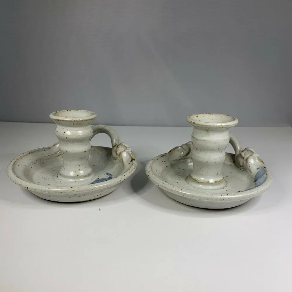 Vintage Salt Glaze Candlestick Holders Art Pottery Artist Signed Chamber Style